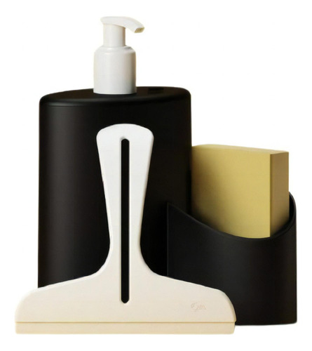Dispensador de detergente de 600 ml, soporte para esponja con rodillo de cocina, color negro