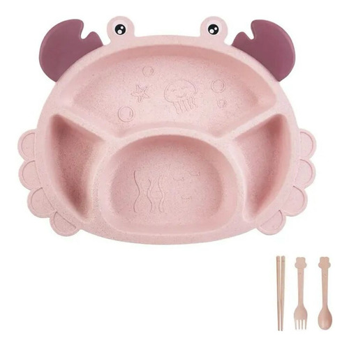 Set Plato De Silicona Cangrejo Para Niños + Cubiertos Bambu