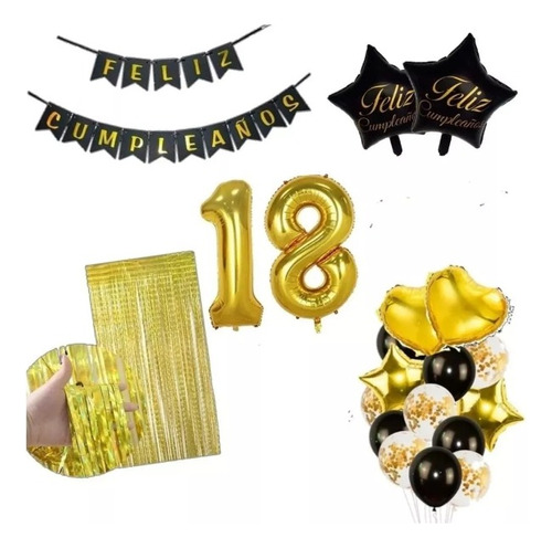 Kit Decoración Globos Bombas Negro Y Dorado+feliz Cumple