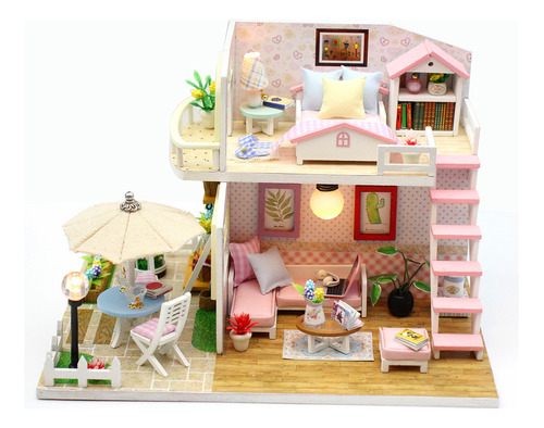 Casa De Muñecas En Miniatura, Mueble Tipo Loft, Led, Rosa Co