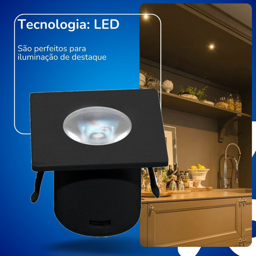 Mini Spot Led Quadrada 1w 3000k Preto Moveis 127/220V Kian