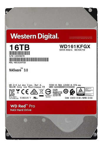 Hd 16tb Sata3 Western Digital Red Pro Wd161kfgx (3,5pol, 6gb/s, 7.200 Rpm, 512mb Cache)