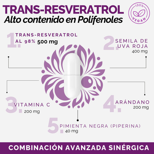 Resveratrol 100% Puro Y Vegano | Alto Contenido Polifenoles | Potenciado Pimienta Negra, Semilla Uva, Vitaminas Y Arándano | Suplemento Alimenticio | Trans Resveratrol Oby Antioxidante 180 Capsulas
