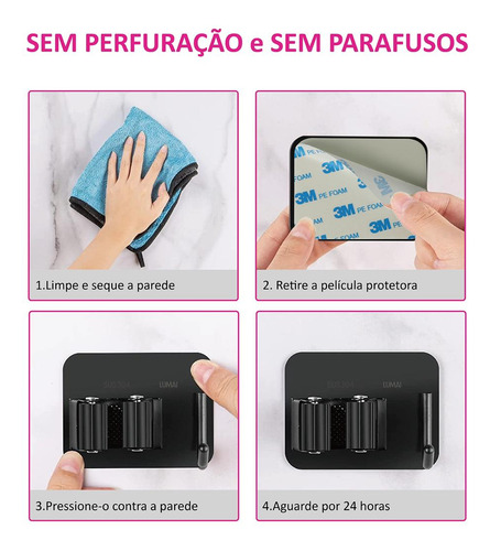 Cabide Suporte de Vassoura Individual de Inox Preto Instalação com Adesivo para Pendurar Vassoura 1 Gancho Organizador de Cozinha e Area de Serviço