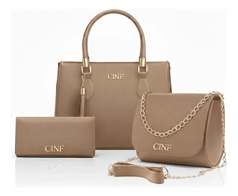 Kit Bolsas Feminina Transversal Média + Tira Colo + Carteira Cor Amêndoa