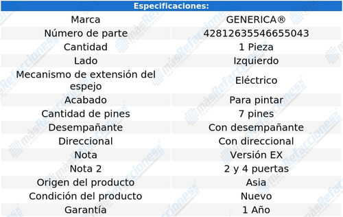 (1) Espejo Izquierdo Elect Generica Civic Del 2016 Al 2020