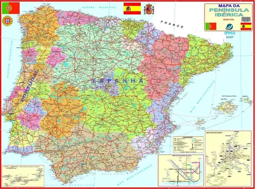 Mapa Portugal Espanha Península Ibérica 120 Cm X 90 Cm