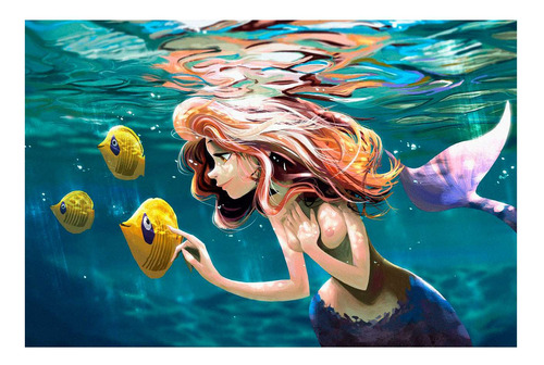 Vinilo 20x30cm Sirena Bella Dibujo Mar Playa Peces Color