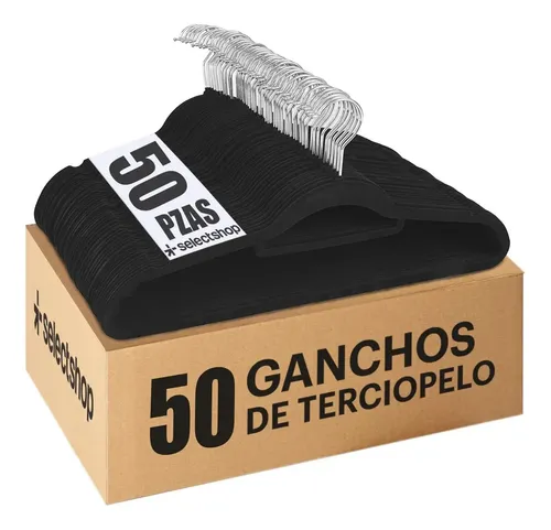 Set 50 Ganchos Hg16c1 Ligero Resistentes Perchas De Terciopelo Antideslizantes Color Negro Selectshop