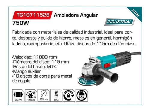 Imagen 7 de 10 de Amoladora Angular Total 750w Con 10 Discos De Corte 115