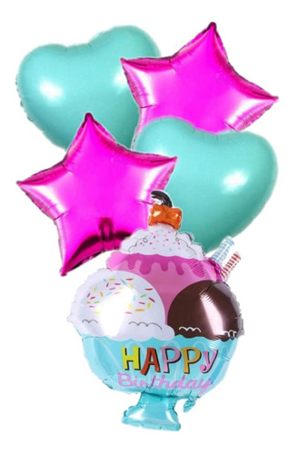 Set  Globos Metalizados Helado+ Estrellas+ Corazón X 5 Pzas