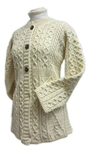 100% Irish Merino Wool Ladies A Line Aran Sweater By Carriag