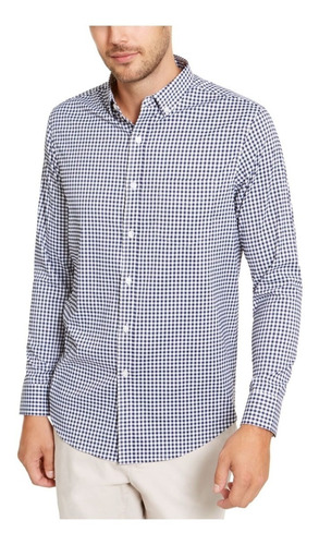 Club Room Camisa Manga Larga Cuadros Vichy Azules Stretch 