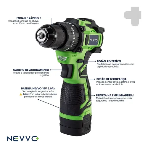 Furadeira Parafusadeira Brushless Sem Fio 16v 1800rpm Nevvo