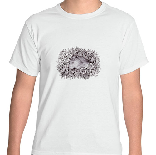 Playera Juvenil Capibara Flores Diseño De Tinta Hecho A Mano