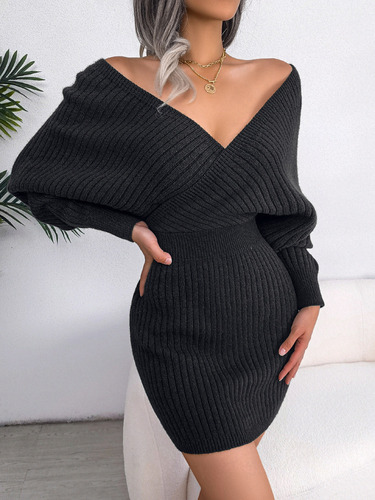 Vestido Lana Con Cuello En V Tejido De Invierno Para Mujer 1