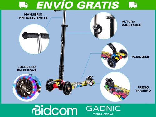 Imagen 3 de 10 de Monopatin Gadnic Reforzado Luces Led Plegable Portatil Freno