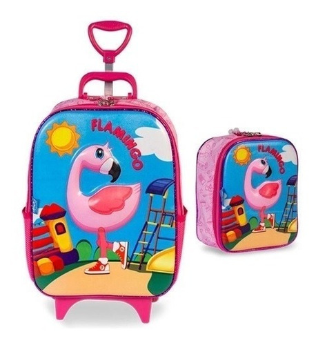 Mochila Flamingo Lancheira Kit Mochilete 3d Carrinho Rodinha