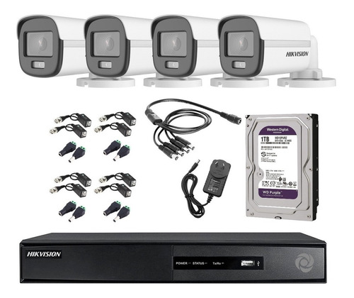 Imagen 1 de 10 de Kit Seguridad Dvr 4ch Hikvision+ 4 Camara 2mp Colorvu + 1tb