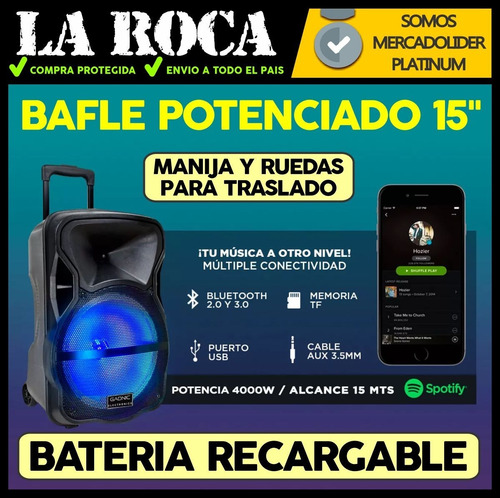 Bafle Potenciado 15 4000w Bluetooth Usb Sd Bateria Luces Led
