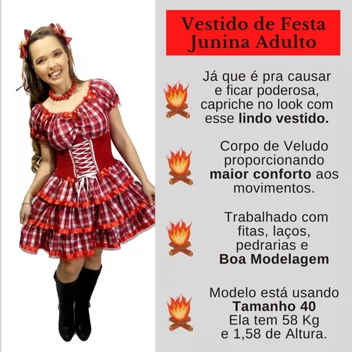 Vestido Quadrilha Festa Junina Caipira Xadrez Adulto Vermelho 2020