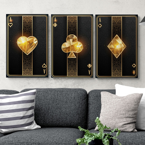 Cuadro Decorativo Set 3 Poker Naipes Dorado As A Ases Cartas