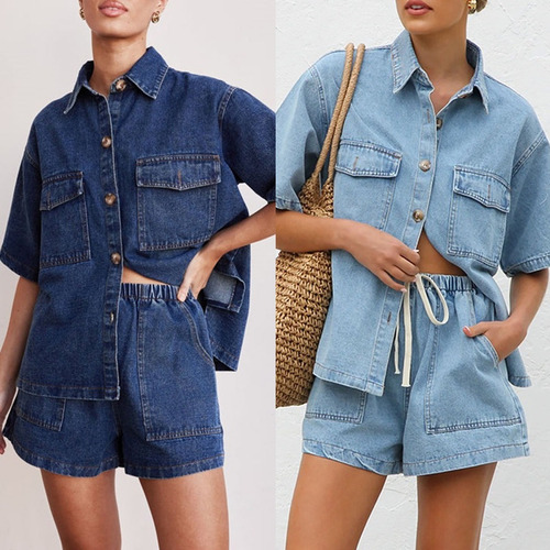 Conjunto Jeans Feminino De Verão Com 2 Peças