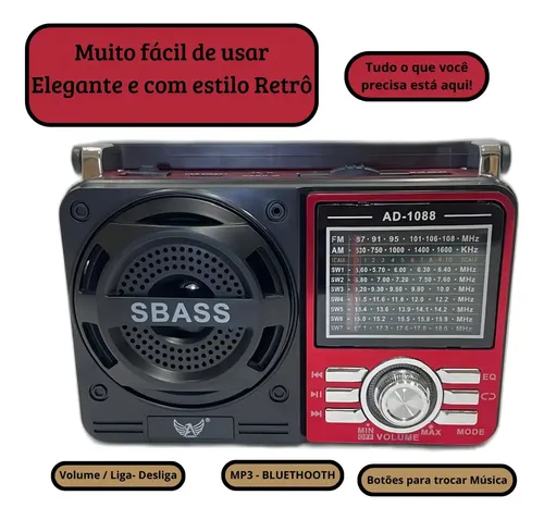 Rádio Vintage X-bass Portátil Usb Aux Kapbom Cor Vermelho