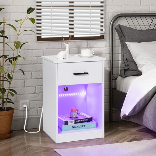 White Nightstand With Led Light Side Table With Drawers