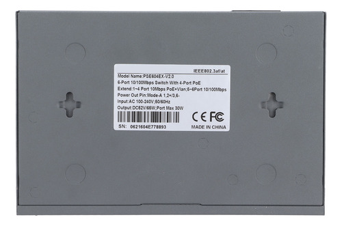 Switch Poe 4+2 Puertos 65w Detección Ip Cámara 100v Us Plug
