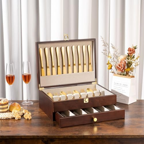 Caja De Almacenamiento De Cubiertos De 2 Capas Con Cajón, Ba