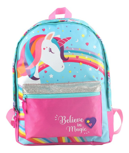 Mochila Escolar Celeste Unicornio Wabro Believe In Magic