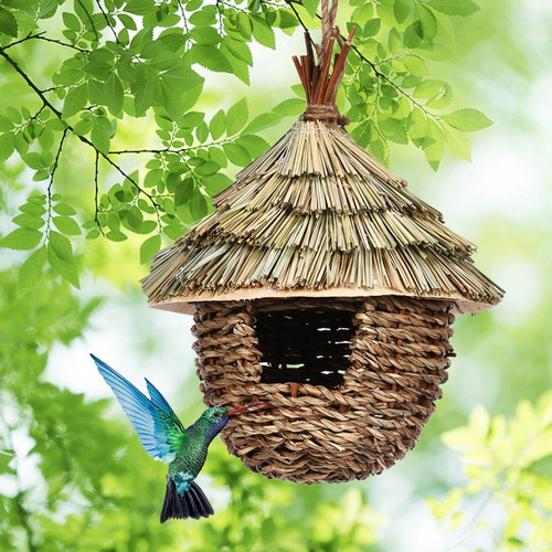 Casa De Colibrí Colgante De Hierba Natural Tejida A Mano