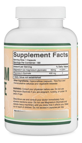 Suplemento Glicinato De Magnesio 400mg 180cap Doublé Wood Sin Sabor