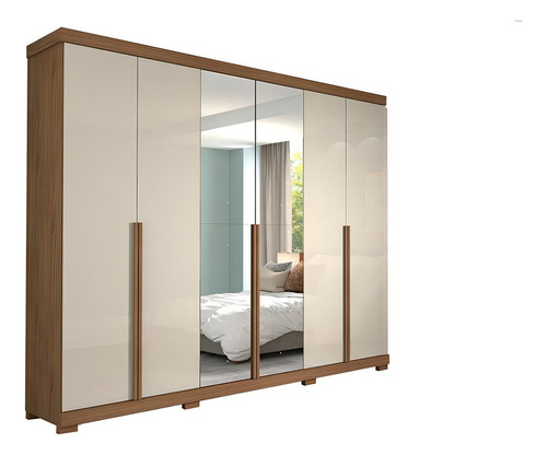 Guarda Roupa 6 Portas Mdf Espelho E Pés Guarapari Panan Cor Avelã com Off White