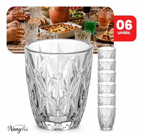 Jogo 6 Copos Diamond 300ml Vidro Grosso Diamante Egipcio Luxo Moderno Resistente Buffet ​Casual Baixos Transparente - Nany Pink