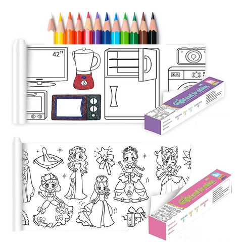 2 Rollo De Papel Para Colorear Y 12 Lápice Manualidades Niño