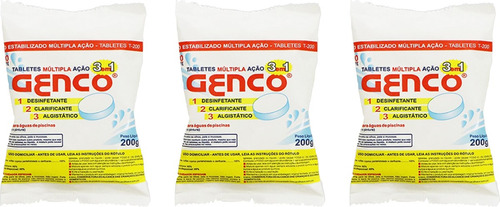 Kit 3 Pedras De Cloro Genco 3 Em 1 Para Piscina 200g Cada