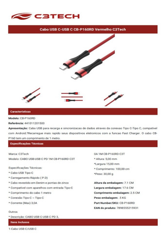 Cabo Usb Tipo C 3.a Fast Charge Cb-p160rd Vermelho C3tech®