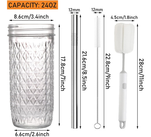 2 Pcs 24oz Glass Cups Set, Mason Jar Drinking Glasses Wit...
