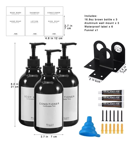 3 Piezas Dispensador Jabon con 3 Soportes Sin Taladrar, de Gel y Champu  Ducha con Bomba y Etiquetas Impermeables Dispensador de Champú para Cocina  y