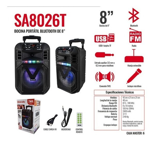 Bocina Bluetooth Recargable Karaoke C3s Con Control