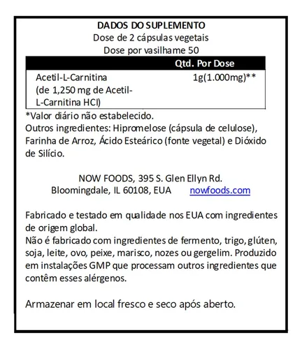 Acetil L-carnitina 500mg 100 Veg Cáps Importado