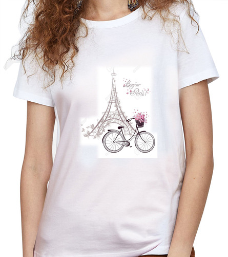 Camiseta Dama Estampada ilustracion Torre Eiffel Bici  Mujer