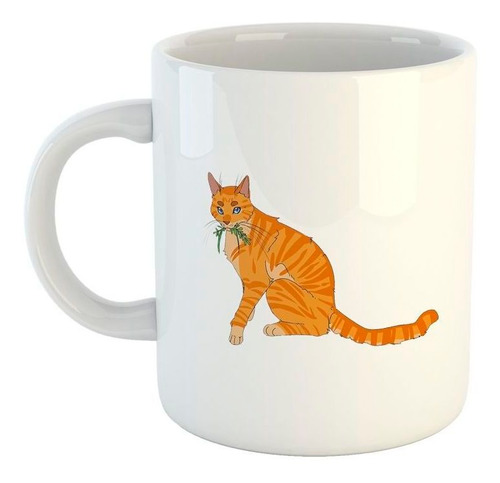 Taza De Ceramica Gato Atigrado Naranja Comiendo