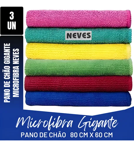 Kit C/ 3 - Pano De Chão Microfibra Gigante 80x60cm - Neves - Multiuso - Limpeza Geral - Multicores