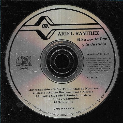 Ariel Ramirez Album Misa Por La Paz Y La Justicia Cd S/por 