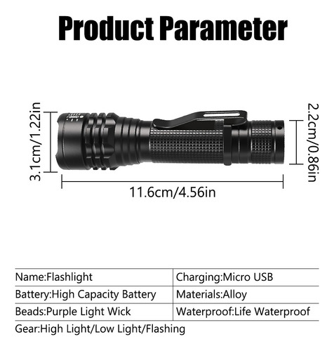 Linterna Led Uv De 395 Nm Con Minilinterna Con Zoom Y Clip P