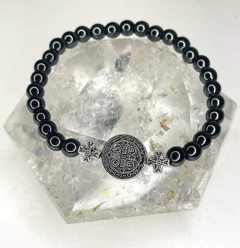 Pulseira Hematita Com Medalha De Sao Bento Dupla Face 6mm