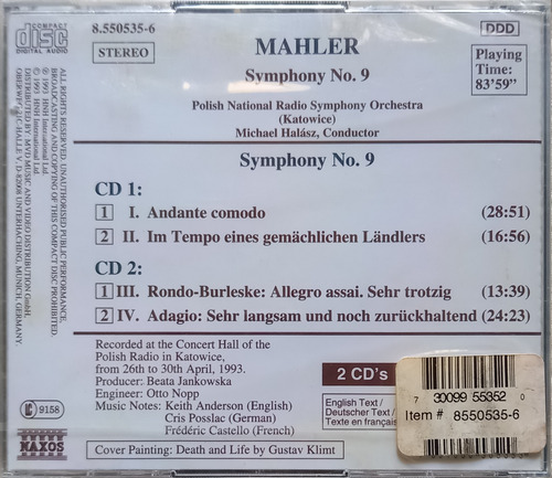 Cd Duplo Novo Gustav Mahler Symphony 9 Michael Halasz